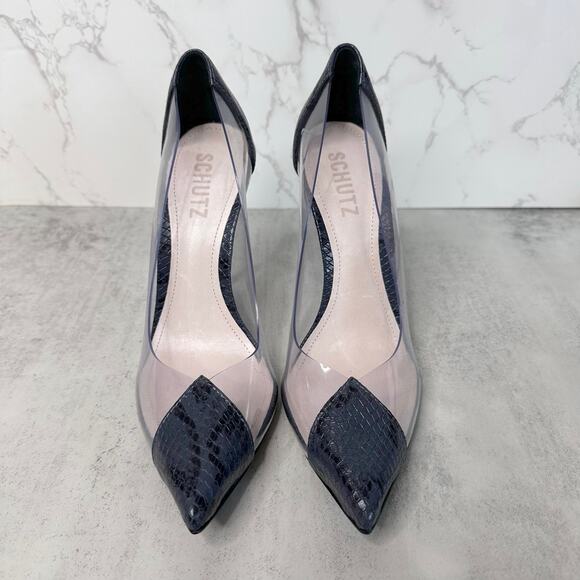SCHUTZ Snake Print Heels WMNS US Sz 6B High Pumps Black/Transparent Pointed Toe - Picture 1 of 8